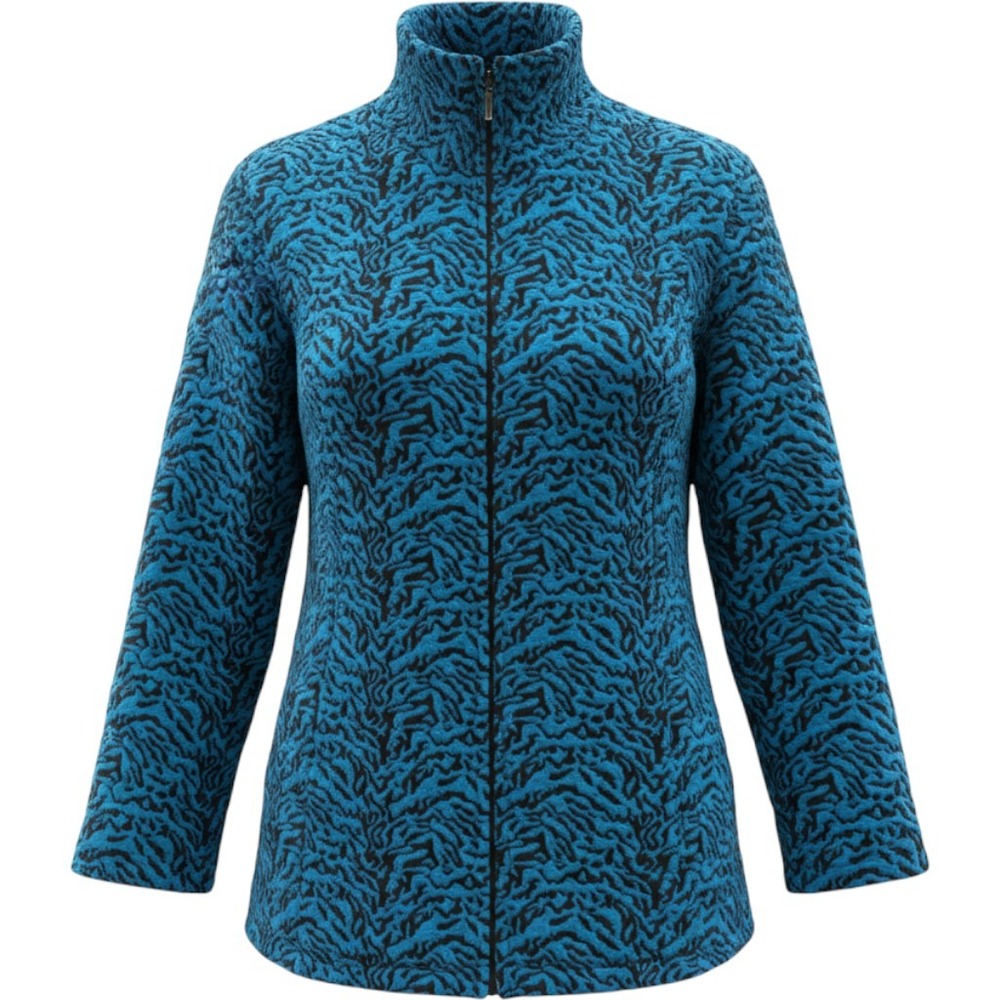 JM‎ Collection Womens Teal Black Animal Print Full Zip Jacket Mock Neck Large